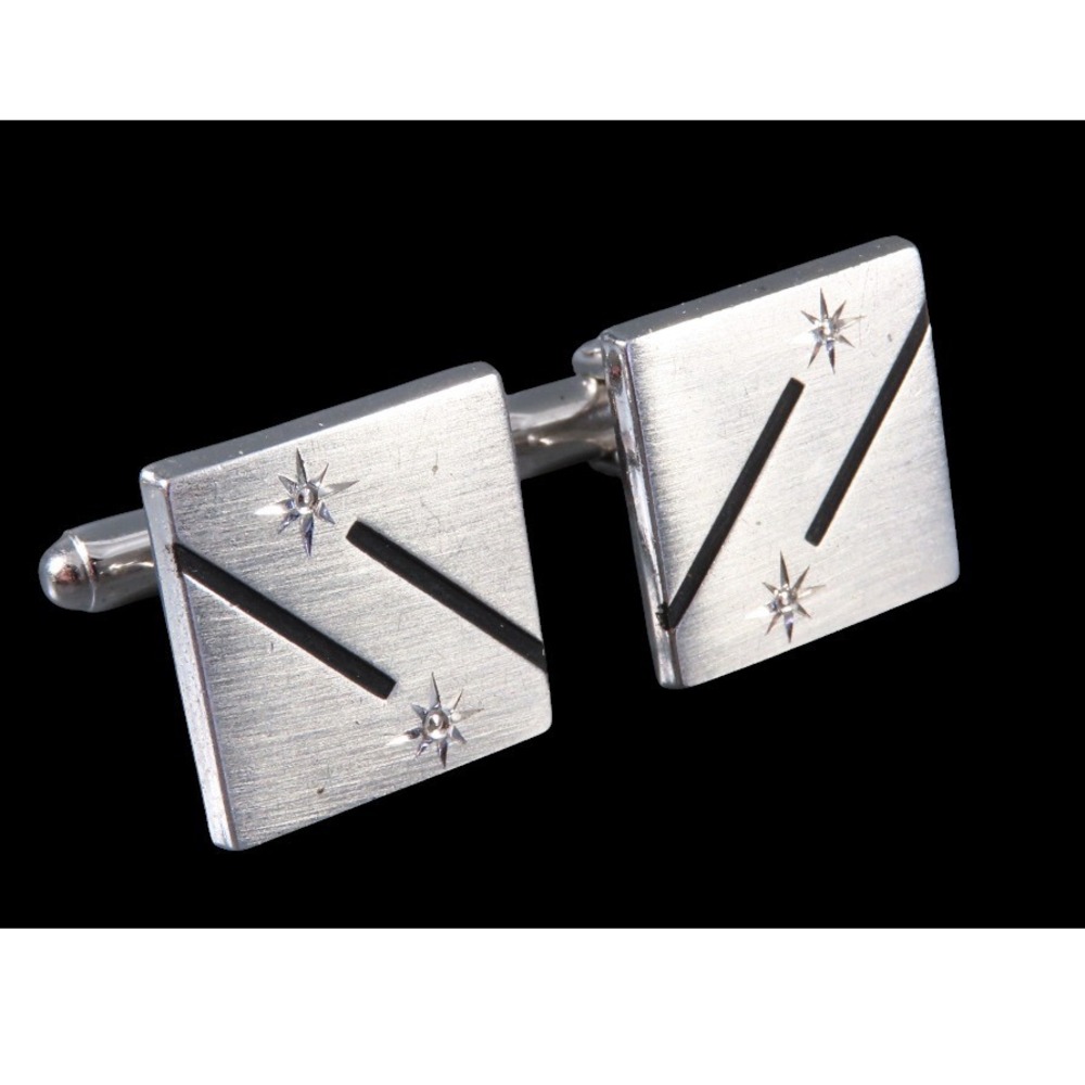 Vintage ANSON SILVER TONE CUFFLINKS Diamond Cut Stars BLACK ENAMEL LINE Square